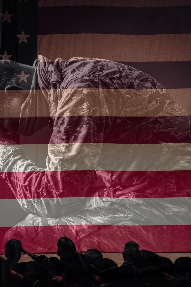 Image of a veteran with an American flag faded in